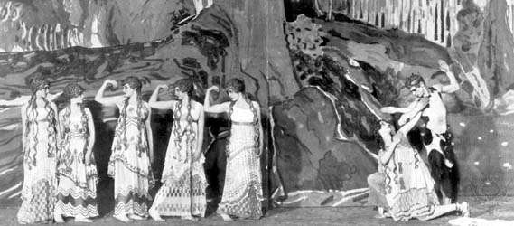 Vaslav Nijinsky (far right) performing as the Faun in the premiere of the Ballets Russes's productio