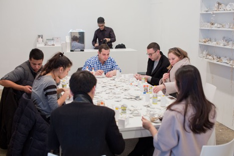 While participants repair the pottery or make their own sculptures from broken fragments of tea cups While participants repair the pottery or make their own sculptures from broken fragments of tea cups