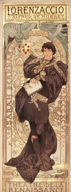 Театральная афиша в исполнении Альфонса Мухи (Alfons Maria Mucha): постановка драмы А. Мюссе «Лоренз Театральная афиша в исполнении Альфонса Мухи (Alfons Maria Mucha): постановка драмы А. Мюссе «Лоренз
