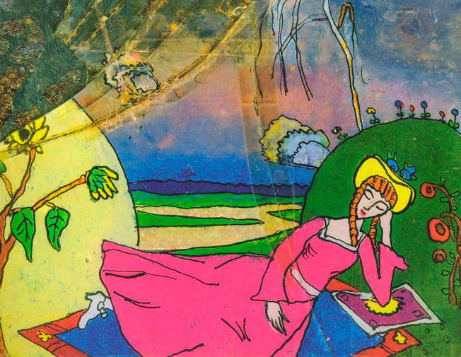 Nina Kandinsky. Sleeping Woman. Based on a drawing by Wassily Kandinsky. 1918
Glass, oil, foil.