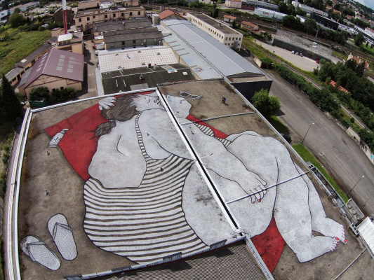 The French artists duo Ella & Pitr performed this gigantic work on the roof of a building in the Nor