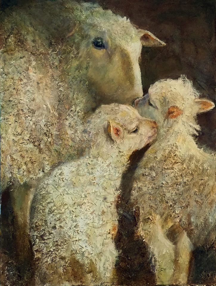 Два ягненка отошли от стада. «Овца с ягненком в хлеву» - Отто Геблер, 1870.. Овцы живопись. Ягненок живопись. Картина овцы.