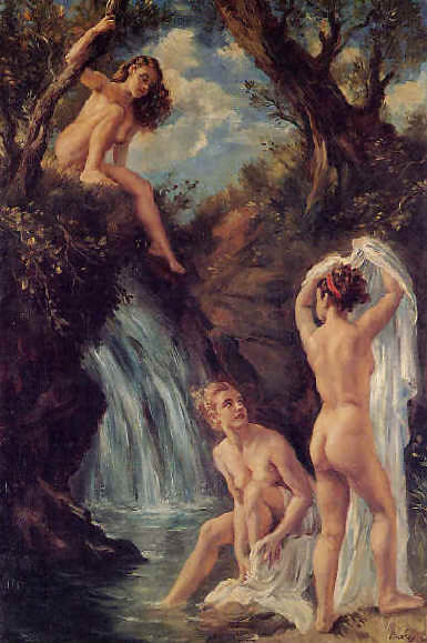 George Owen Wynne Upperley. Nude girls at waterfall