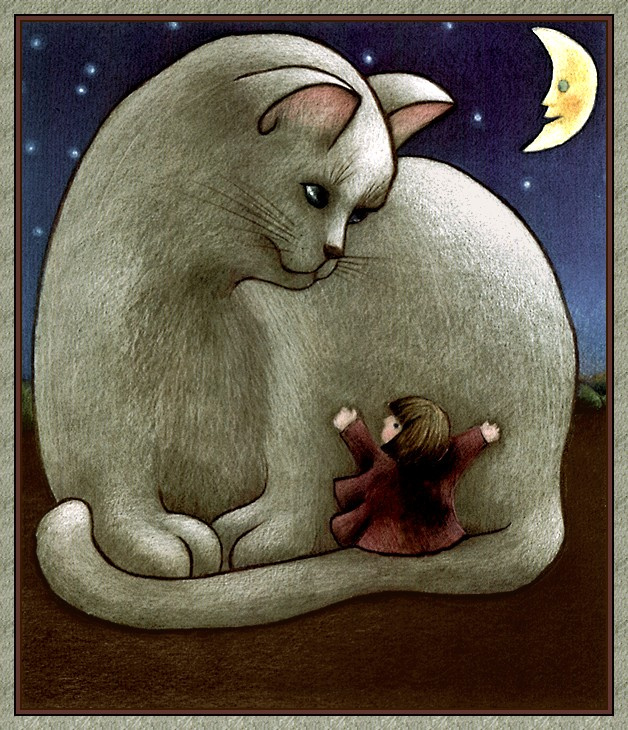 Человек и кошка вместе. Спокойной ночи котики. Коты рисунки. Лунный котенок. Спокойной ночи художники.
