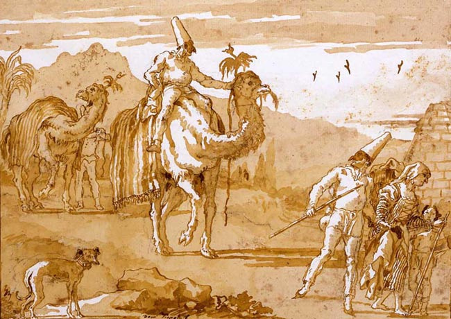 Giovanni Domenico Tiepolo. Pulcinella leads the caravan on camels