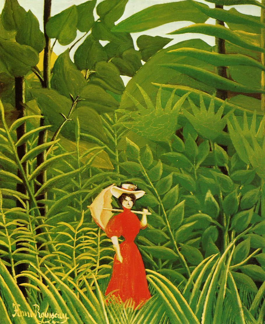 Henri Rousseau. Woman with an umbrella in an exotic forest