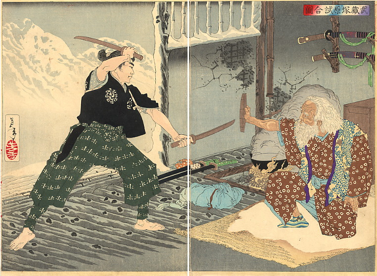 Tsukioka Yoshitoshi. Diptych: the old sword master and disciple