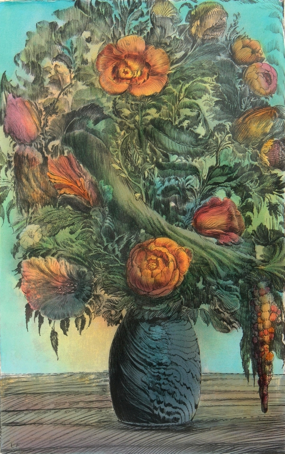 Ernst Fuchs. A bouquet of flowers in a vase