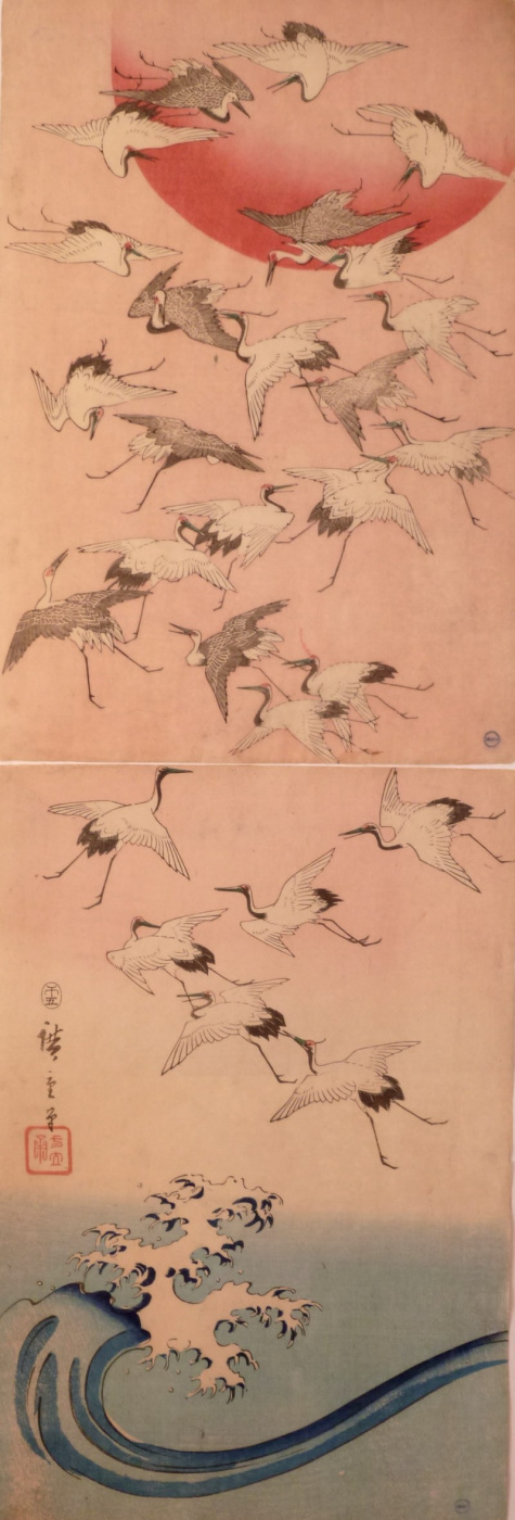 Utagawa Hiroshige. Diptych: a Flock of cranes over the sea at sunset