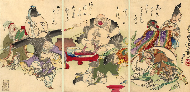 Tsukioka Yoshitoshi 三联画：七大财神沉醉于醉酒的狂欢中, 1882, 72 