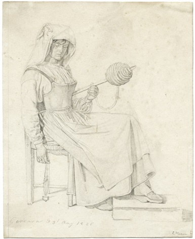 Ernst (Ahron) Meyer. Seated Italian woman of Cervara in her costume while spinning
