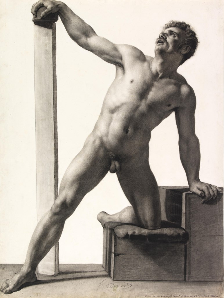 Louis Léopold Robert. Naked man, legs spread, right arm resting on a post and a knee on a cushion. Academy