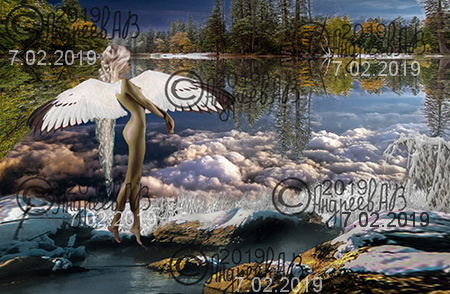 Alexander Vladimirovich Andreev. An angel over the mirrored surface of the water, with the reflection of the forest and clouds