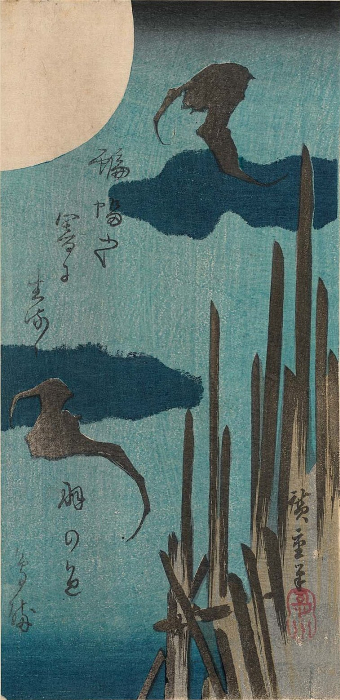 Utagawa Hiroshige. Bats in the moonlight night
