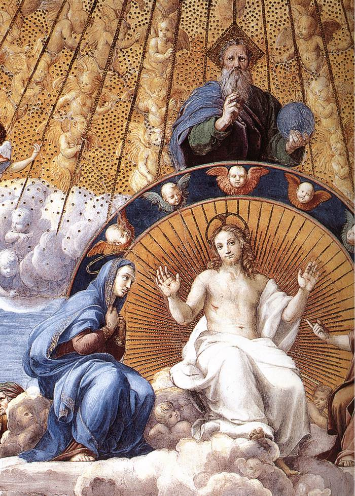 Raphael Sanzio. The stanza della senyatura. The Fresco "Dispute". Snippet: God the father, Jesus, virgin Mary