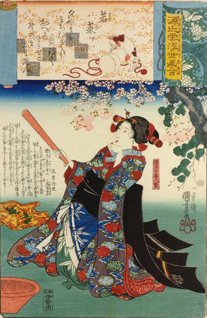Utagawa Kuniyoshi. Illustrations to the novel "the Tale of brilliant Prince Genji". Chapter 35. First green 2: Yaya, the wife of Sakura-Maru, with a club in his hand, sits under a blossoming cherry tree
