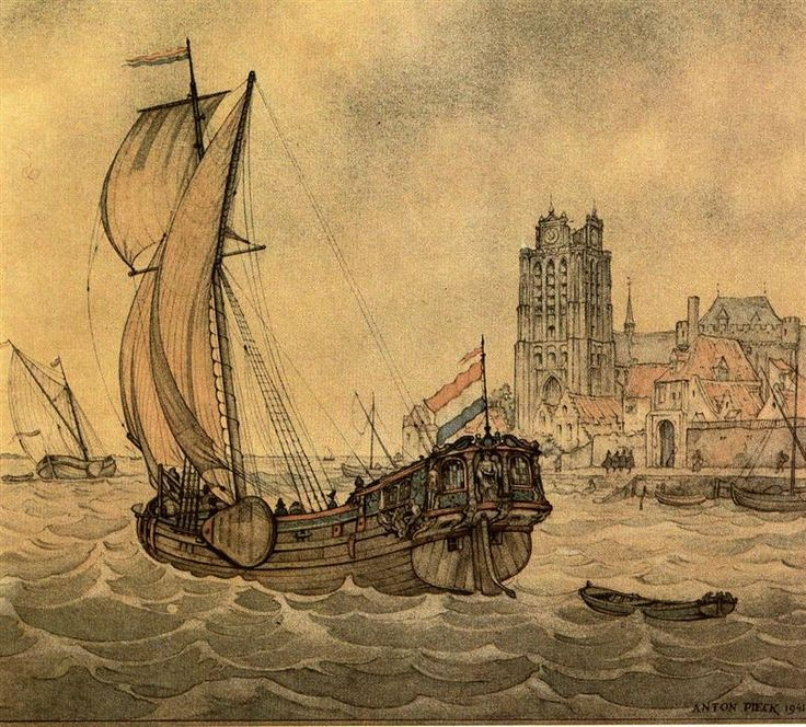 Anton Pieck. Ship off the Dutch coast