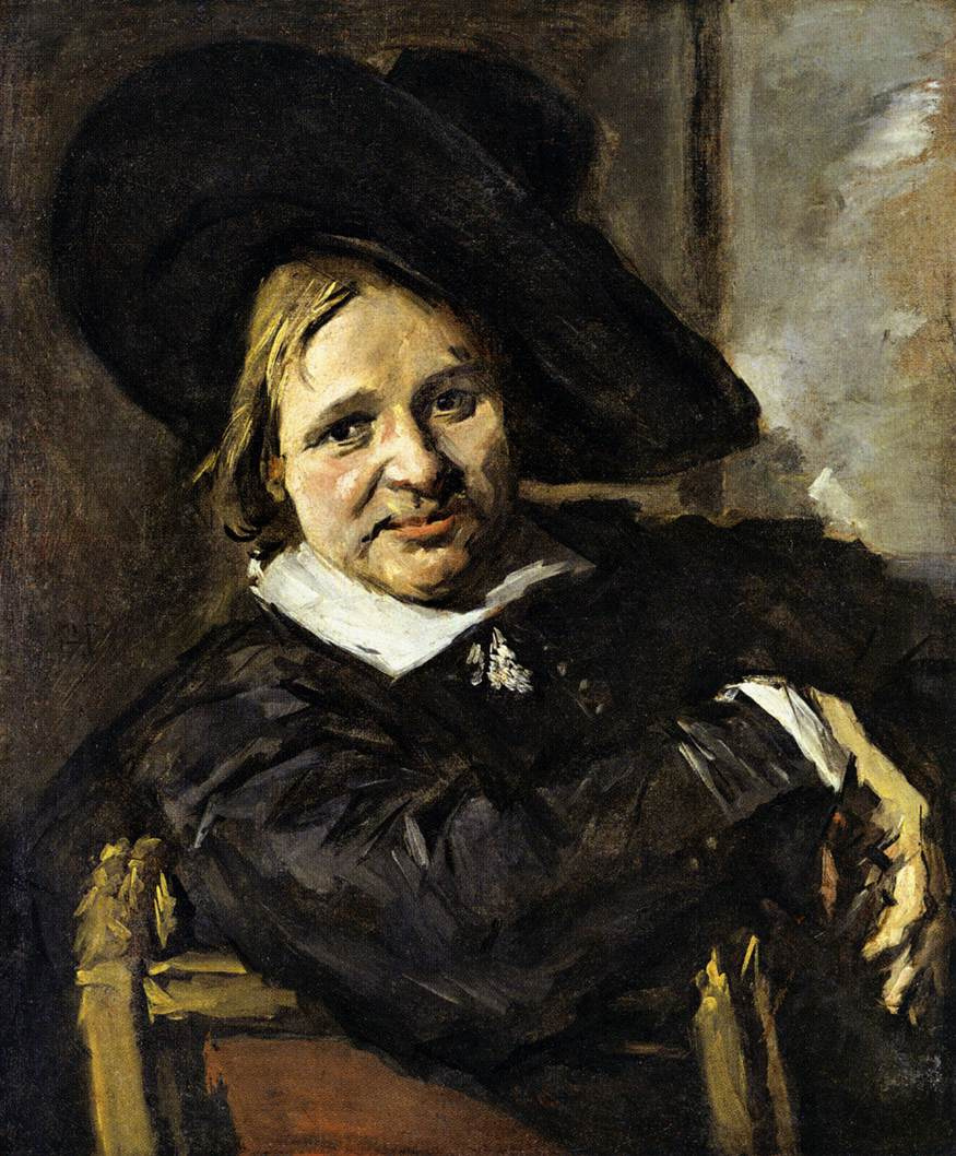 Frans Hals. Portrait of a seated man in a hat, dressed on one side, right hand resting on the back of a chair