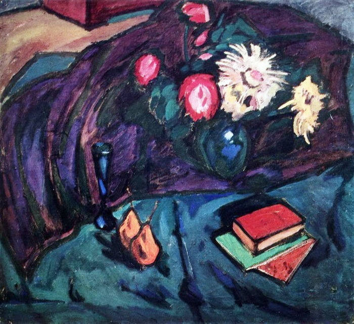 Alexander Vasilyevich Kuprin 1880 - 1960. Flowers on purple drapery (with blue shot)