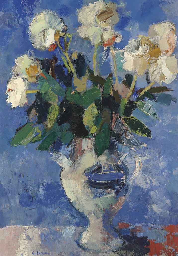 Kateryn Bernard Peonias sobre un fondo azul, 1960: Descripción de la obra |  Arthive