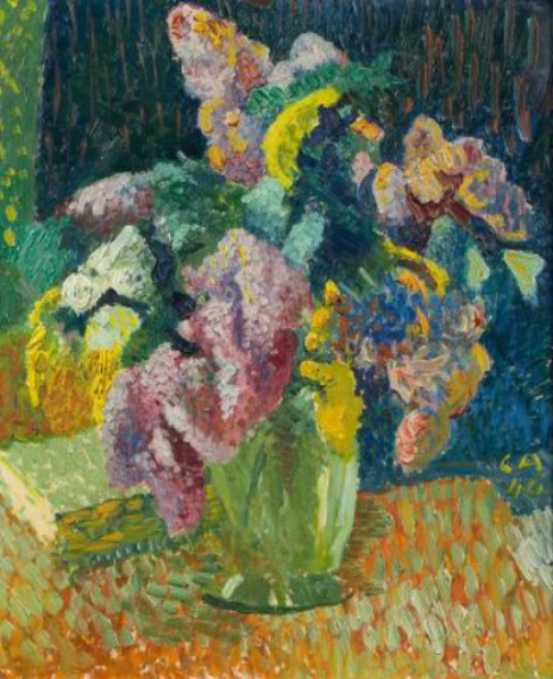 Cuno Amiet. Still life with a bouquet of lilacs and a book