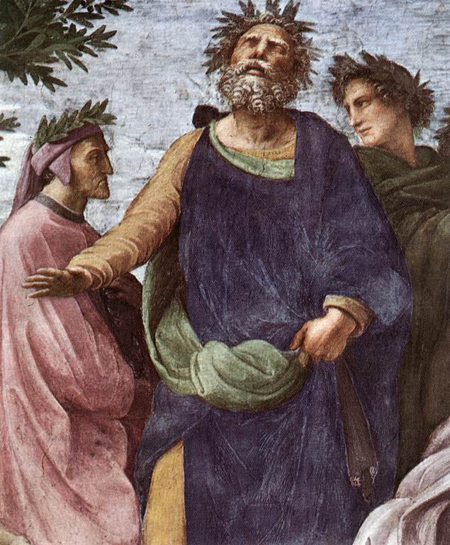 Raphael Sanzio. The stanza della senyatura. The Fresco "Parnassus". Snippet: Dante, Homer, Virgil