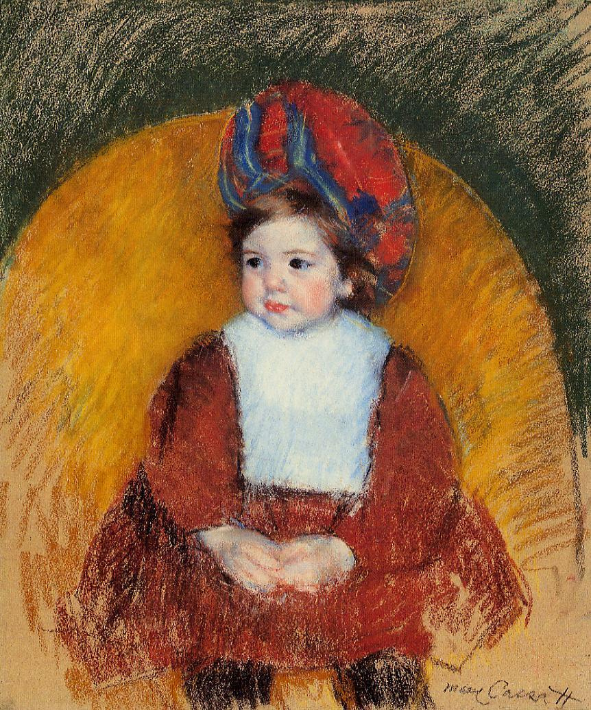 Mary Cassatt. Margot in a dark red suit sitting on the chair with round back