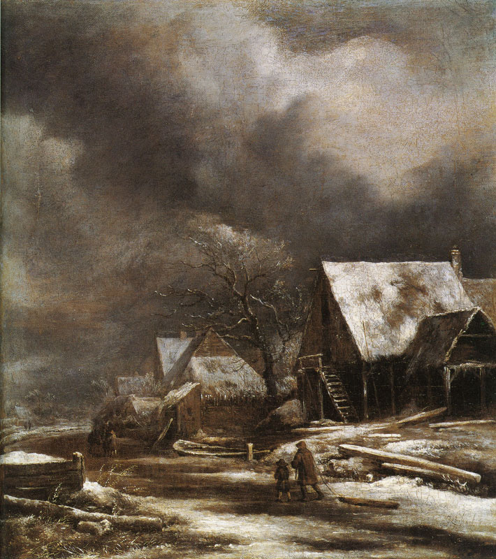 Jakob van Isaacs Ruisdael. Winter village in the moonlight