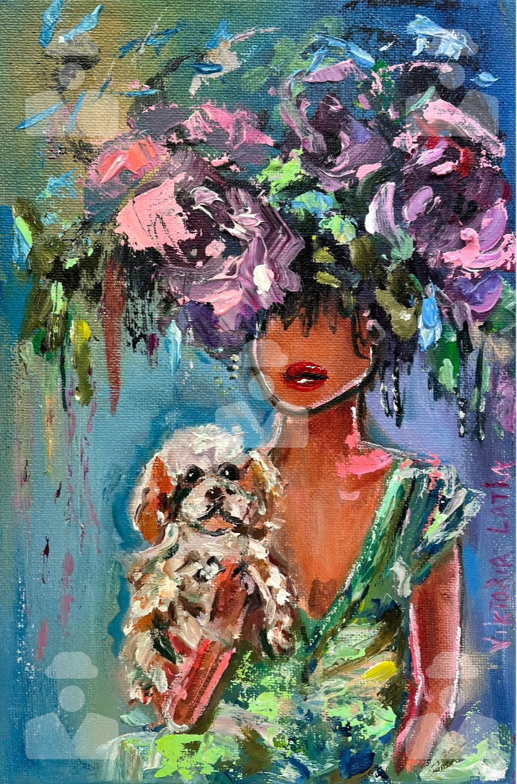 Victoria Latka. A faceless young woman with flowers and a small dog