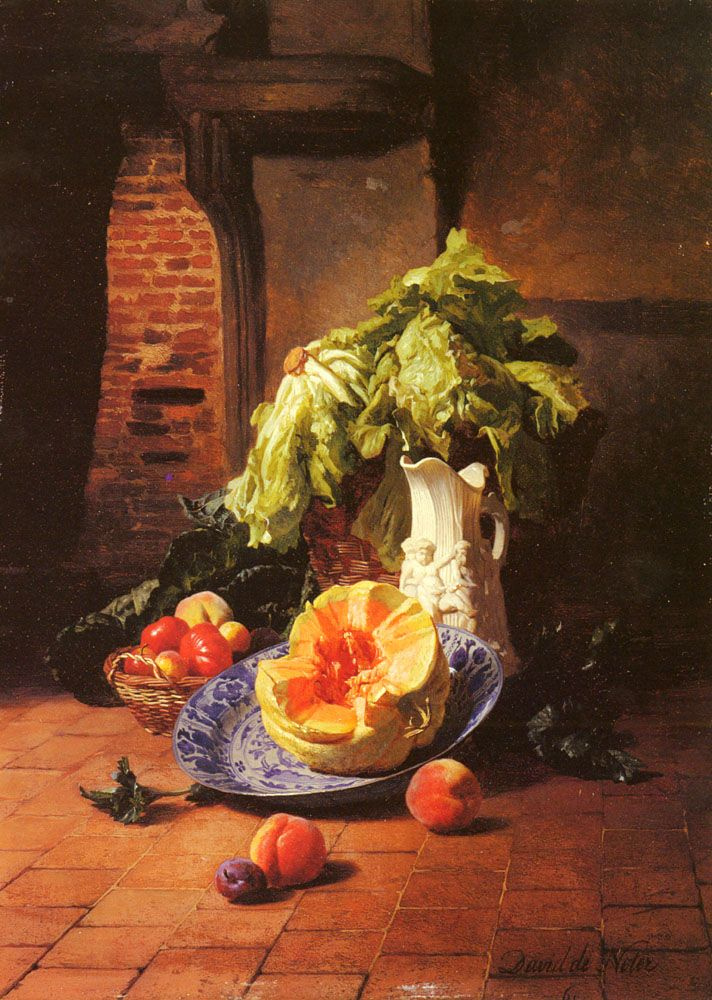 David Emil Joseph de Noether. Still life with a white porcelain pitcher, fruit and vegetables