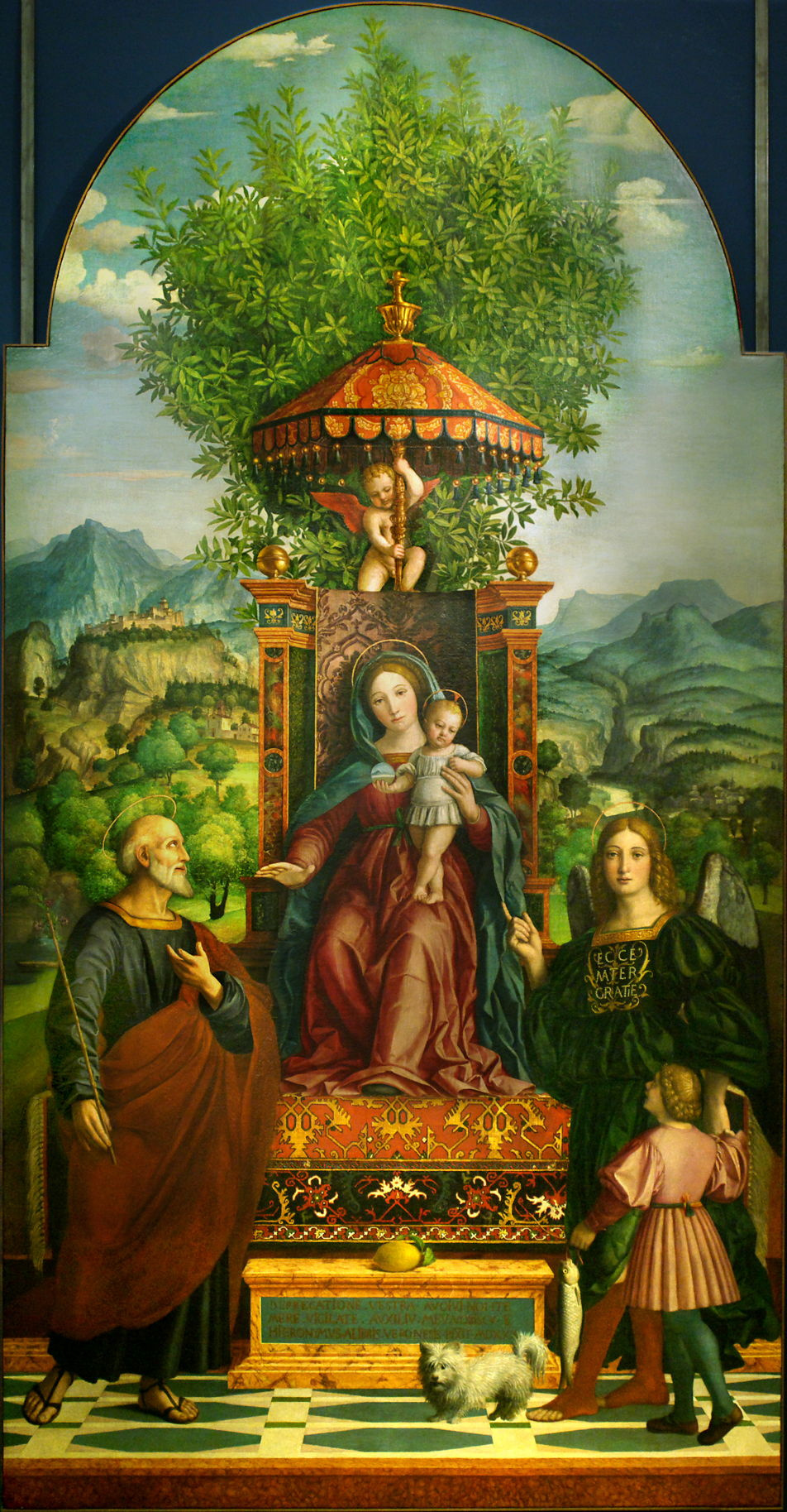 Girolamo dai Libri (Girolamo dai Libri). Madonna with Jesus on the throne, surrounded by St. Joseph, Archangel Raphael and Tobiah