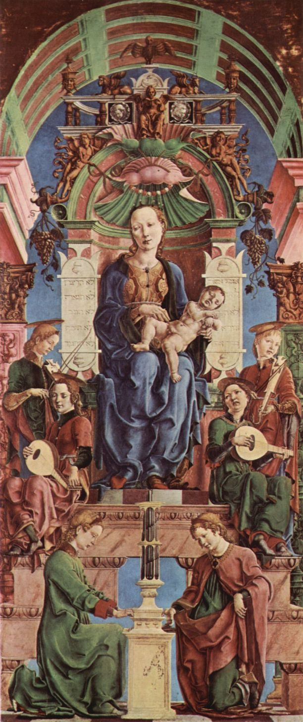 Cosimo Tour. The altar of Roverella for Santa Giorgio in Ferrara, Central part, scene: the Madonna on the throne, and an angel playing music