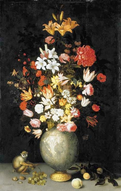 Balthasar van der Ast 与花的静物画在花瓶，一只小的猴子和果子在桌