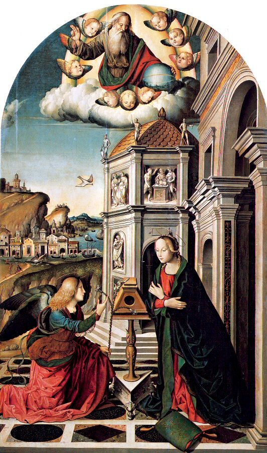 Marco Palmeszzano. The Archangel and the virgin Mary
