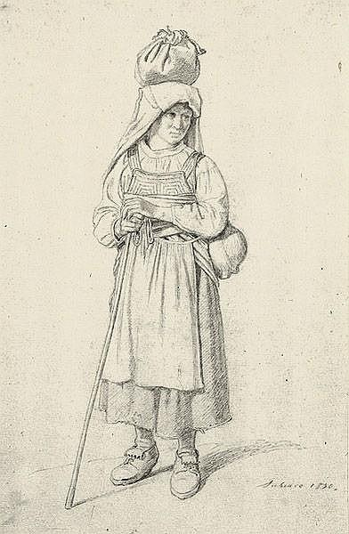Theodor Leopold Weller. A woman from Cervara in traditional costume by Cervara, a tied pouch on her head and with a walking stick