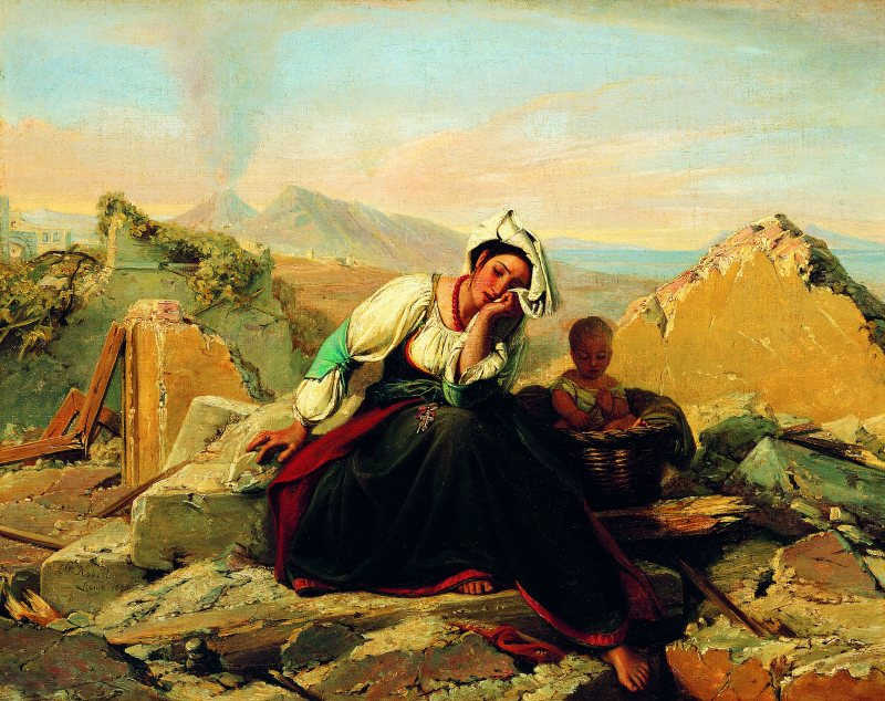 Napolitan woman crying in the ruins of her house after an earthquake