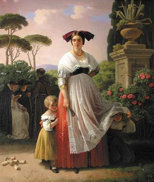 Theodor Leopold Weller. Woman with children who are playing hide and seek