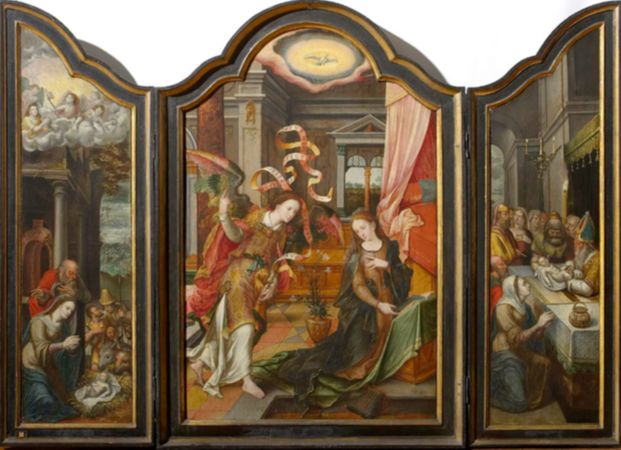 Lambert Lombard (1505-1566). Triptych. Annunciation (Central panel) Nativity (Left wing) 87x24.5 Circumcision (Right wing) 87x24.5