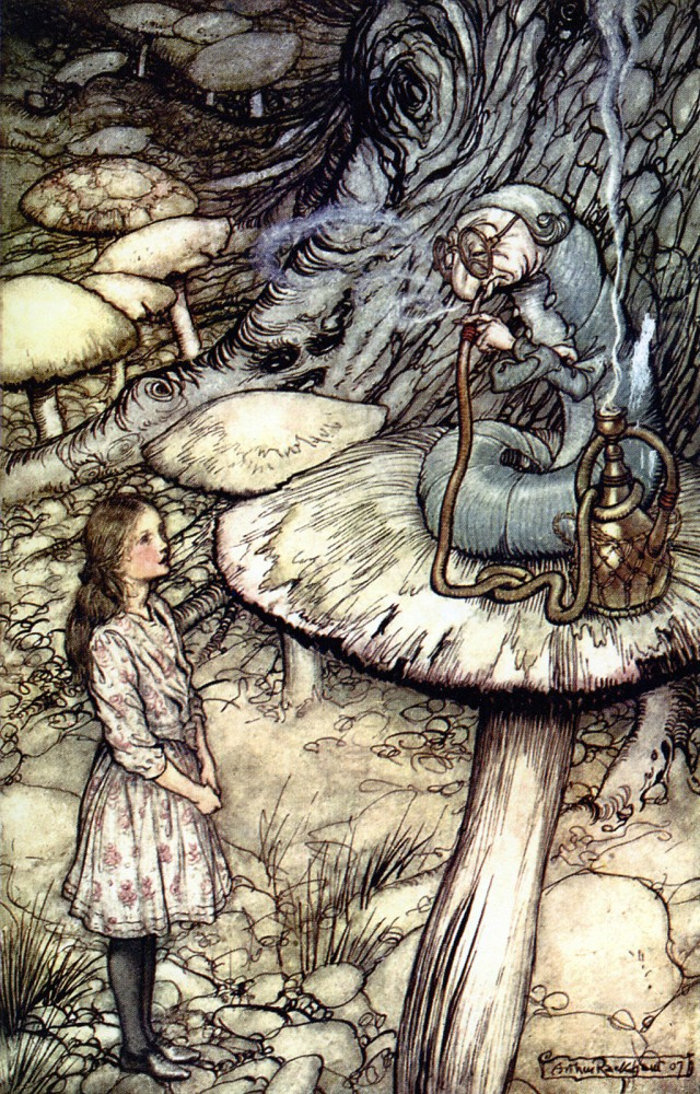 Arthur Rackham. A meeting with caterpillar. Illustration for the tale "Alice in Wonderland"