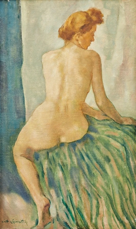 Lotta Laserstein. Madeleine (Nude model on green bedspread)