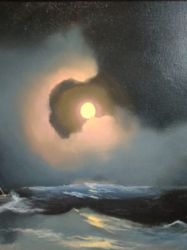 A storm on the sea on a moonlit night