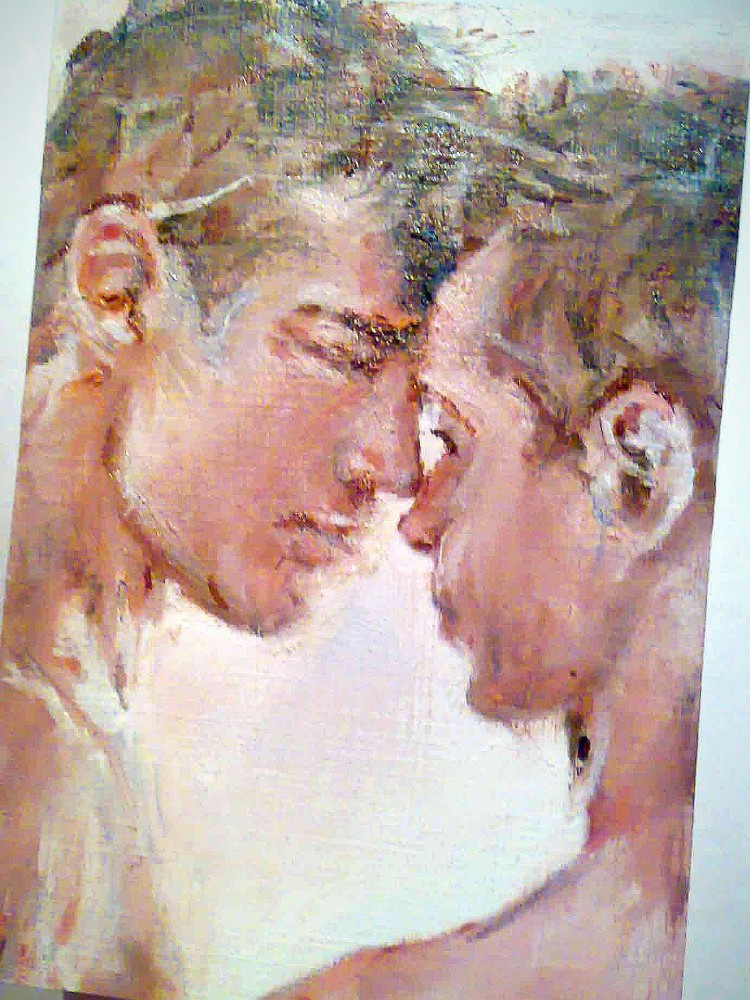 Viktoriaday. Original art, aceo miniature oil,2 man models heads, sexy body man, gay art