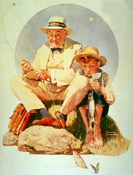 Vintage Norman Rockwell Boys Fishing Dog on Raft งานดูวินเทจ  มาพร้อมกรอบรูปไม้ �