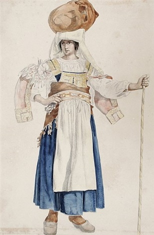 Theodor Leopold Weller. Standing woman in the costume of Cervara, a tied pouch on her head and with a walking stick