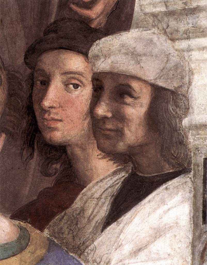 Raphael Sanzio. The stanza della senyatura. The fresco "the school of Athens". Snippet: Apelles (Raphael) and Protagen (a friend of Rafael - Sodom)