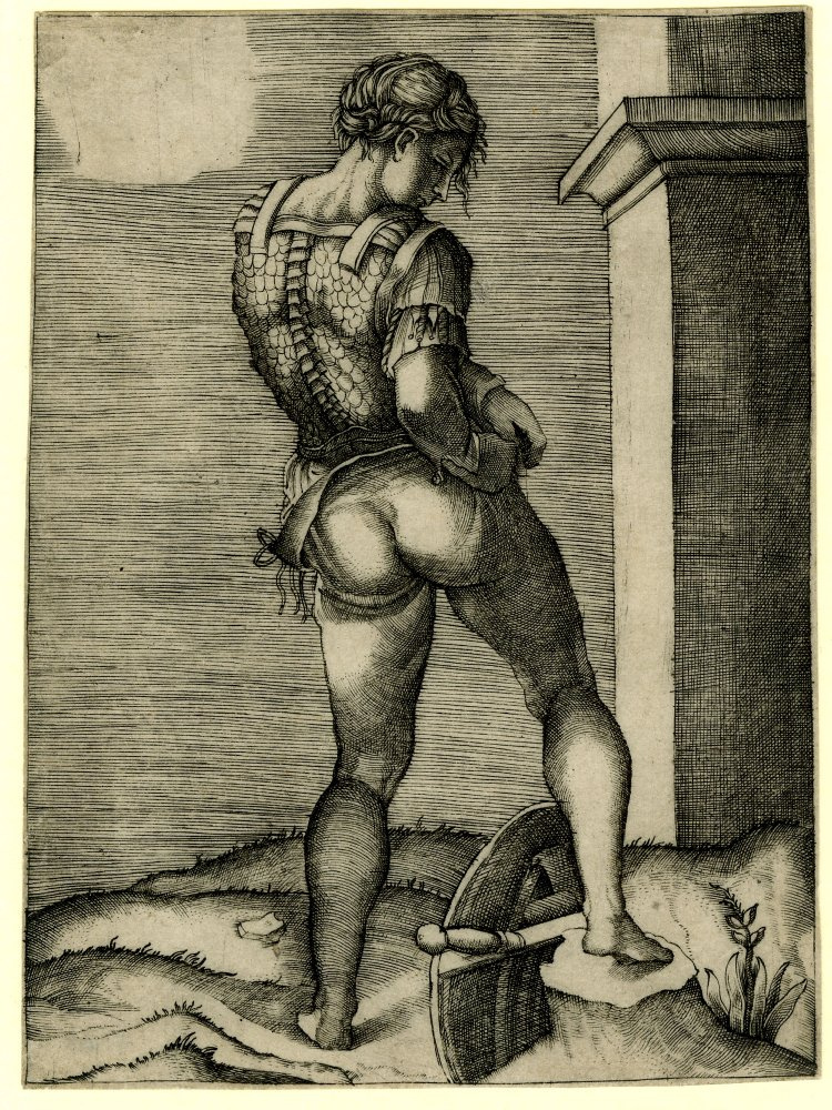 Agostino Venetsiano. Warrior that bind the upper part of the pants to the cuirass (engraving of Michelangelo)