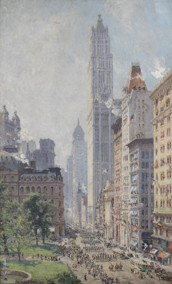 Colin Campbell Cooper. Lower Broadway in wartime