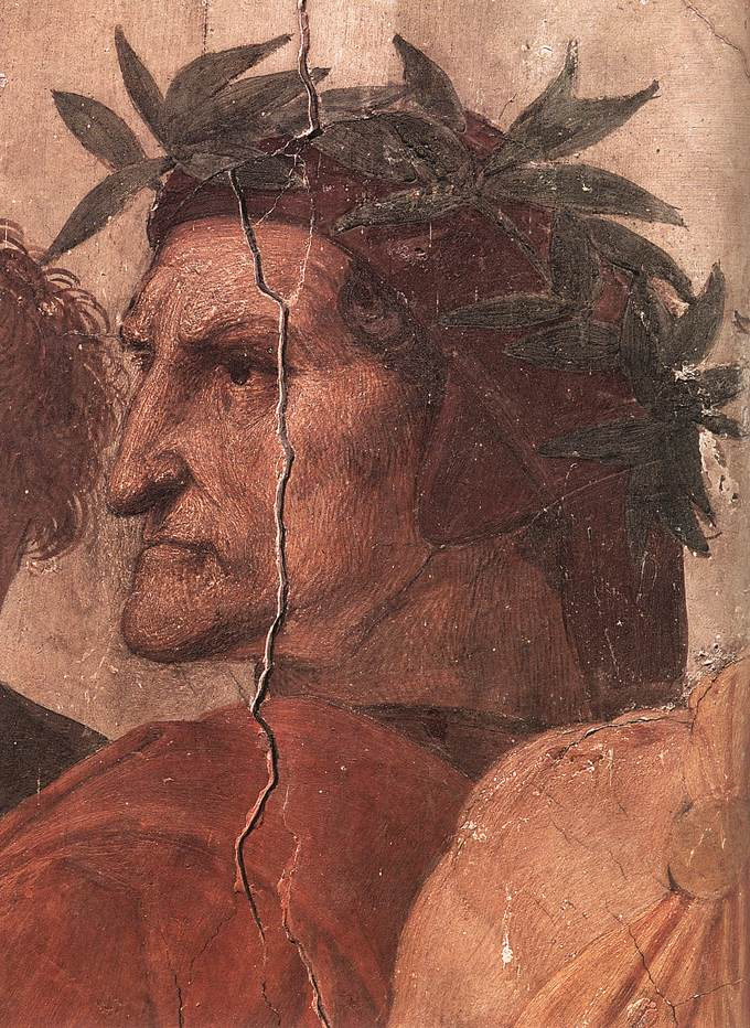 Raphael Sanzio. The stanza della senyatura. The Fresco "Dispute". Fragment: Dante Alighieri