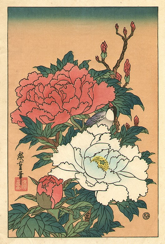 Utagawa Hiroshige. A bird amongst blossoming peonies