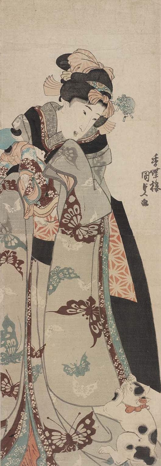 Utagawa Kunisada. Young beauty with a doll and kitten